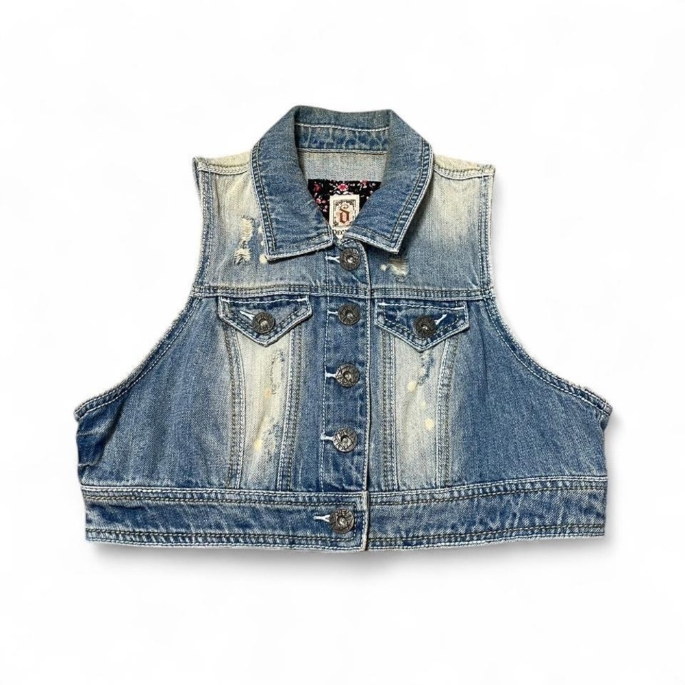 y2k cropped denim vest with de stressing and studded detailing